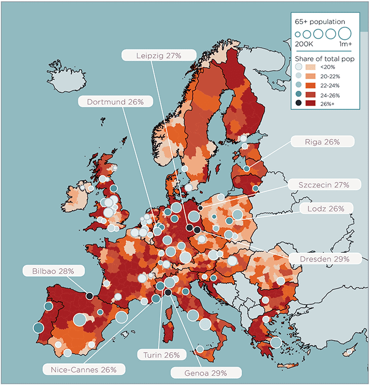 Aged Europe % population aged 65+ in 2028